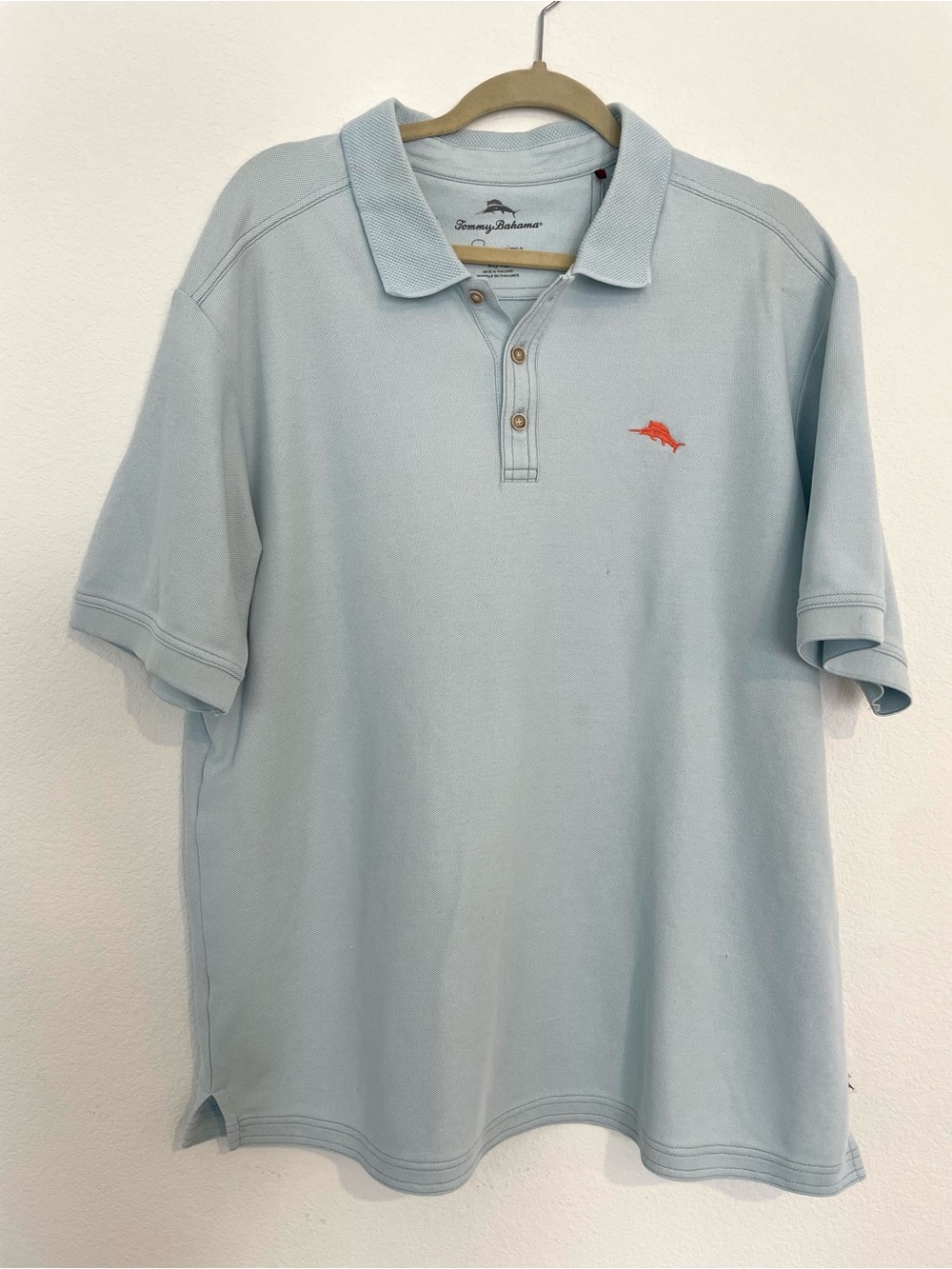 Tommy Bahama Supima Cotton Light Blue Polo with Coral Dolphin Emblem